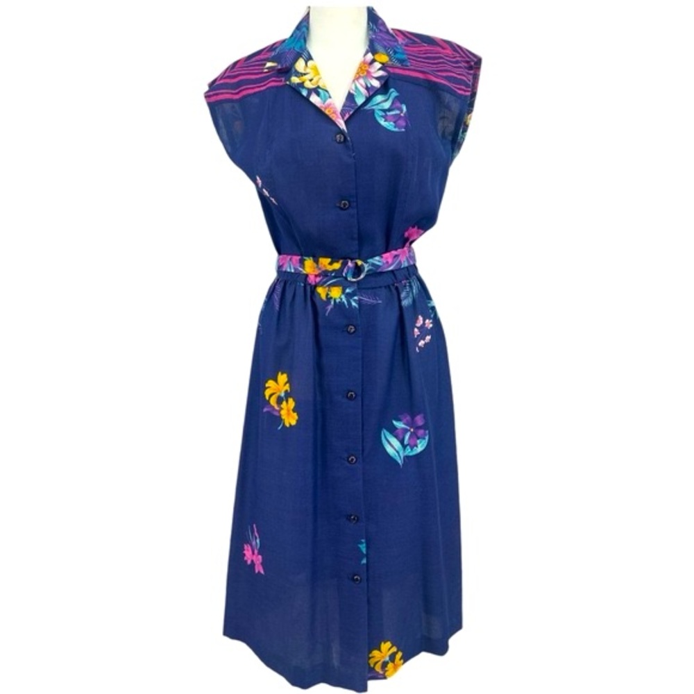 JERELL OF TEXAS Vtg. 80s Button Up Belted Midi Floral Cap Sleeve Dress 11 Navy